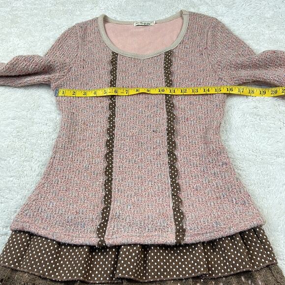 Tian Xin Ny Hai Pink brown polka dot ruffled drop waist sweater dress, size med - Picture 5 of 9